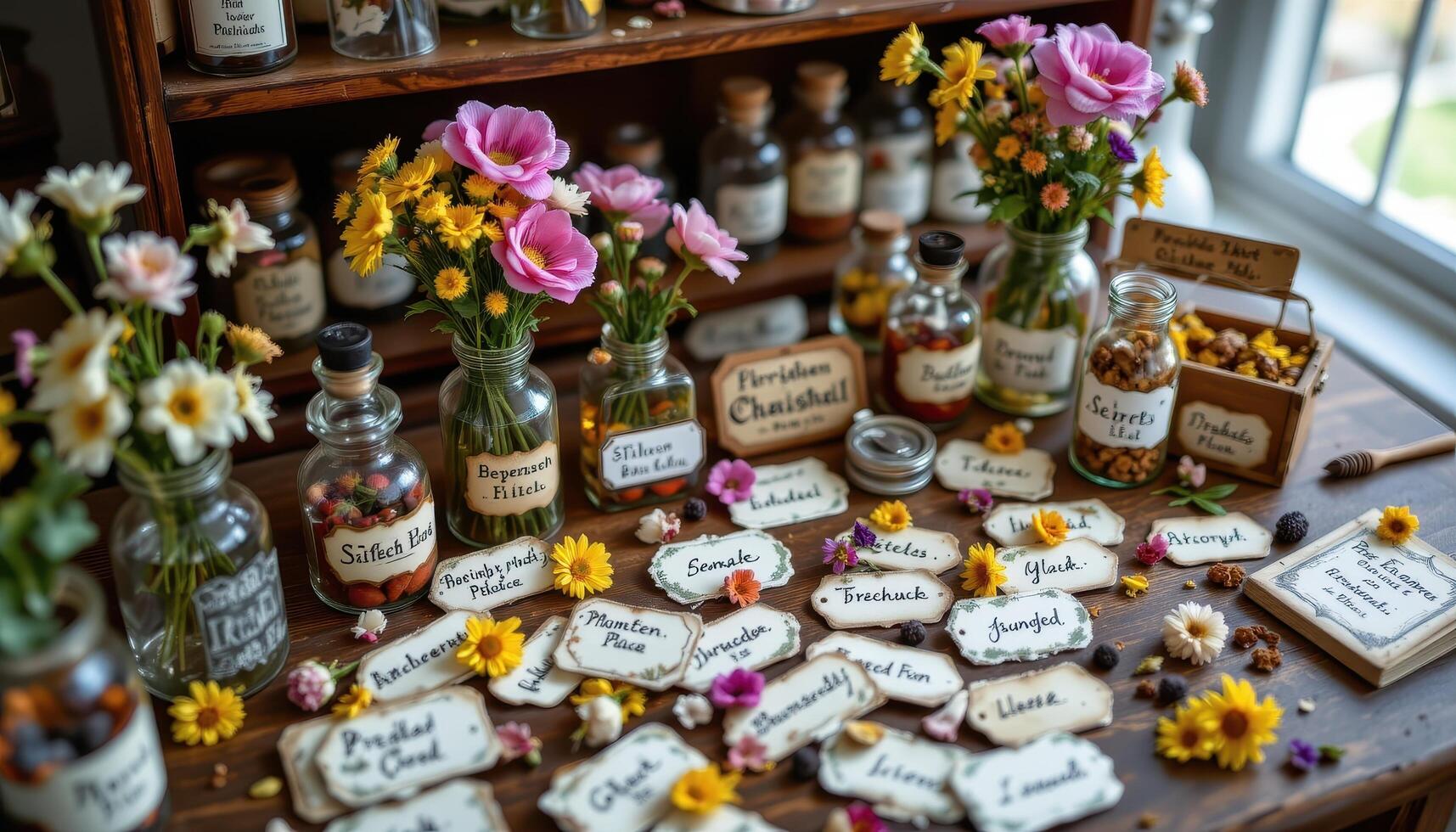 a vintage apothecary table scattered with pressed flowers and handwritten labels photo