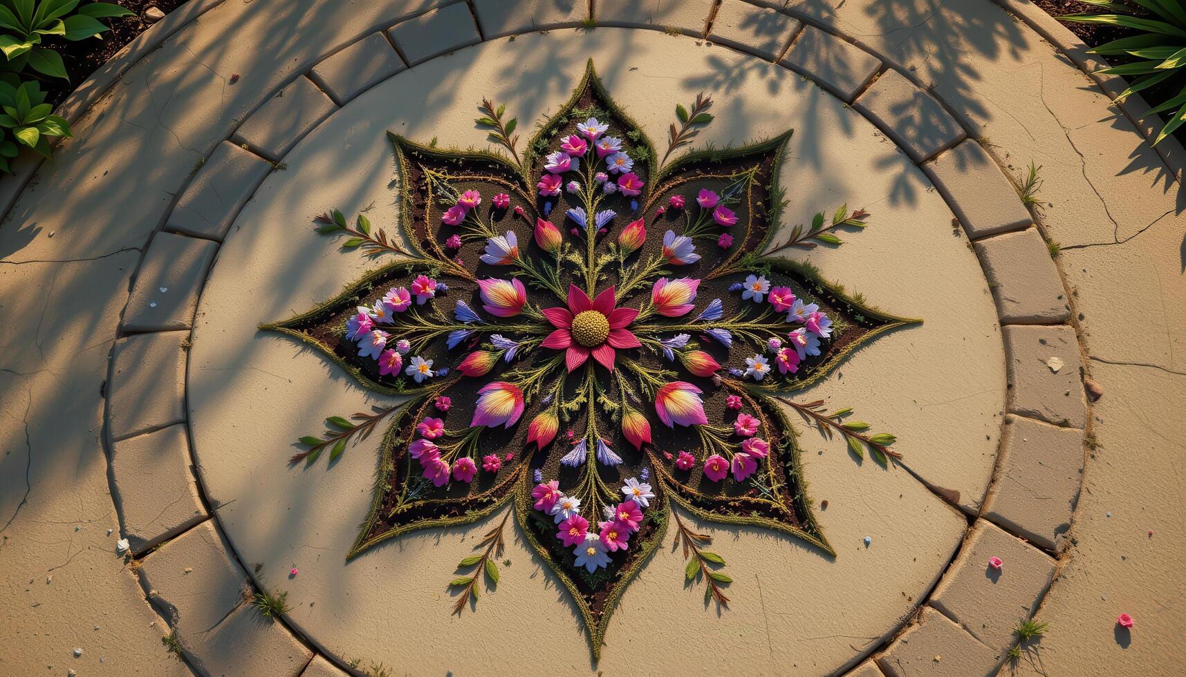 a flower shaped constellation mirrored by a planted design on the ground photo