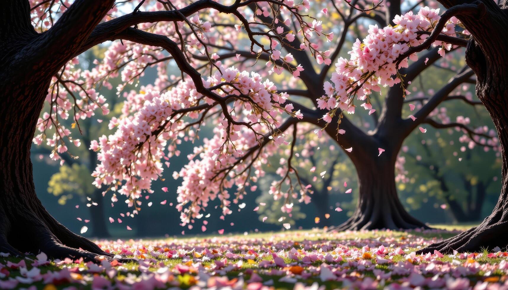 a cascade of petals caught in a breeze between ancient trees photo