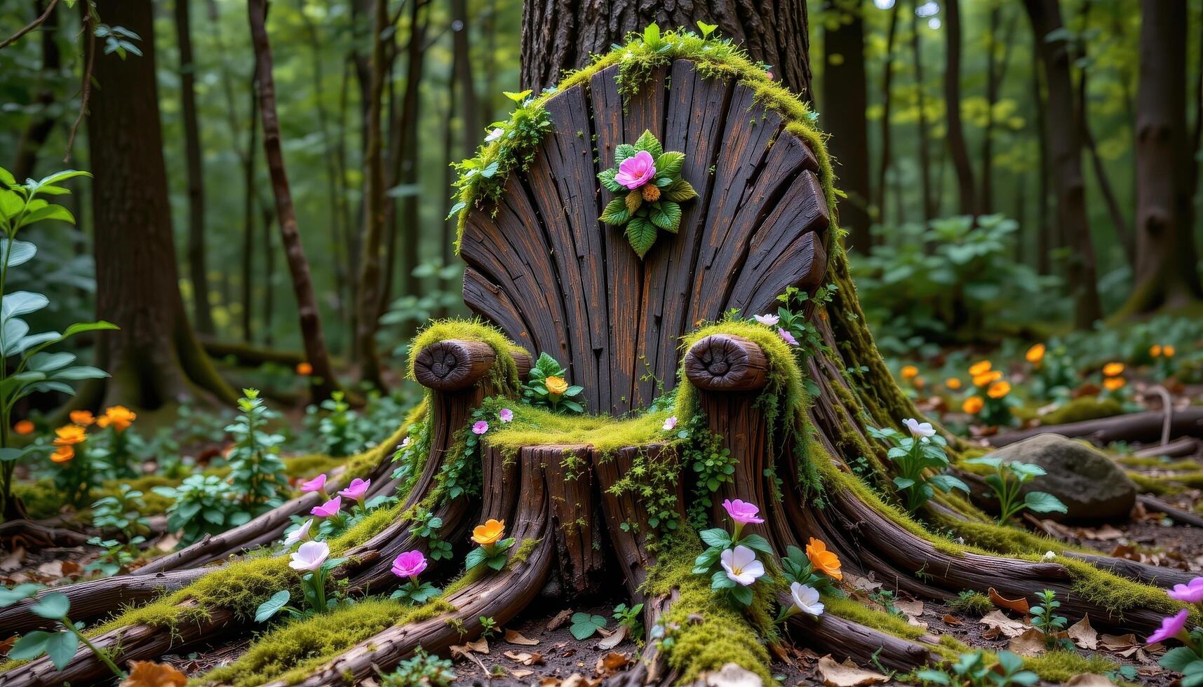 a tree stump carved into a throne overgrown with moss and flowers photo