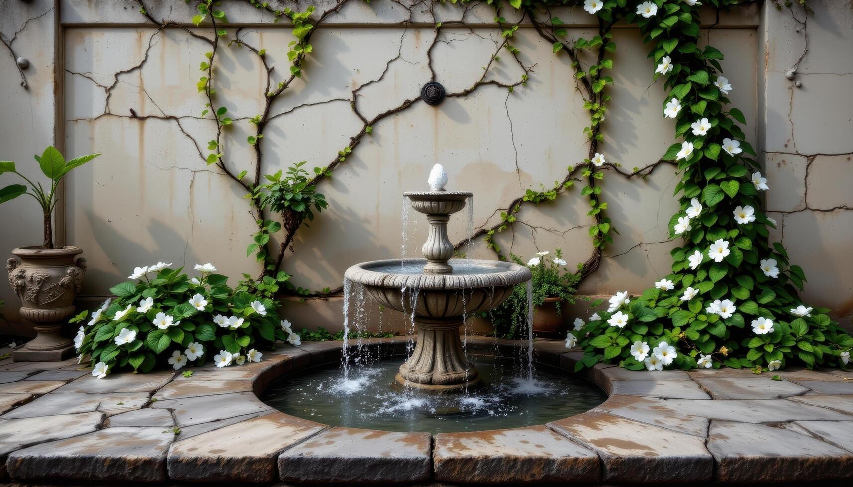 a cracked fountain overflowing with water and creeping jasmine vines photo