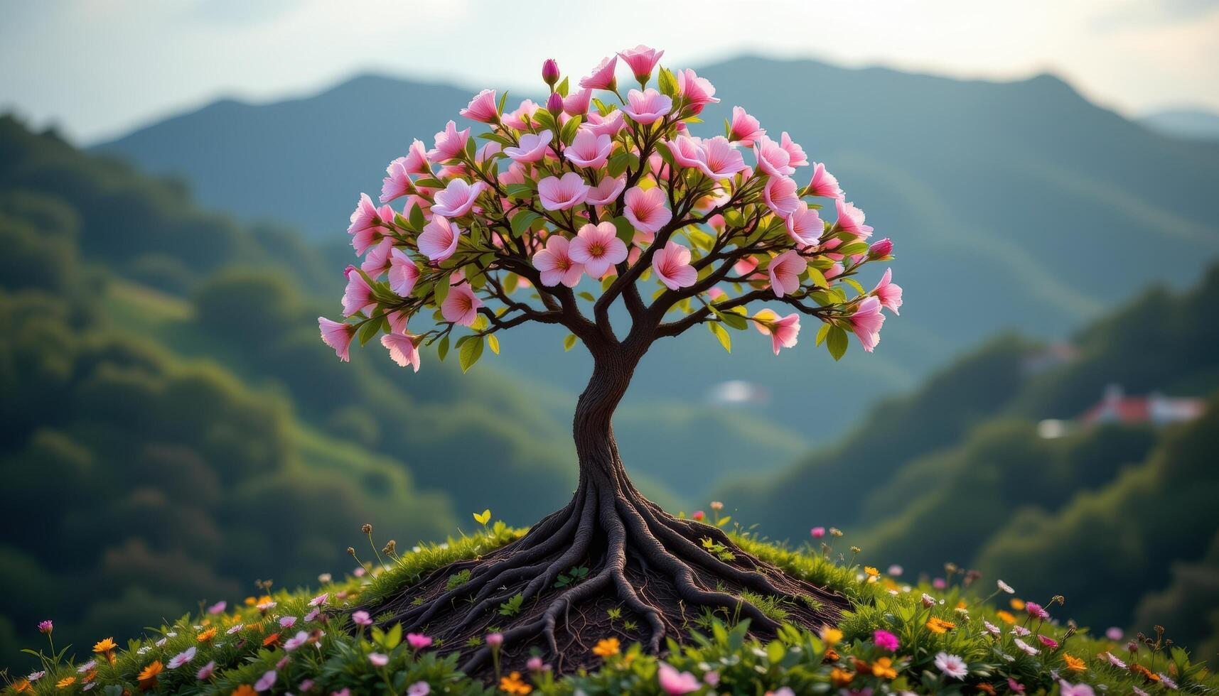 a tree with roots that sprout blooms instead of leaves photo