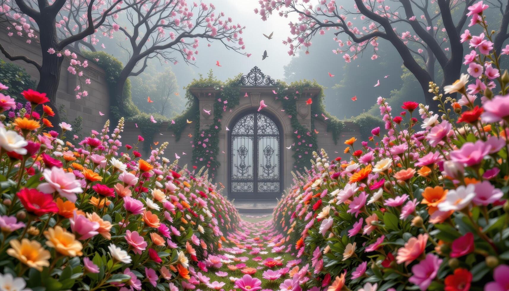 a path of pressed flowers leading to an ornate gate hidden in mist photo