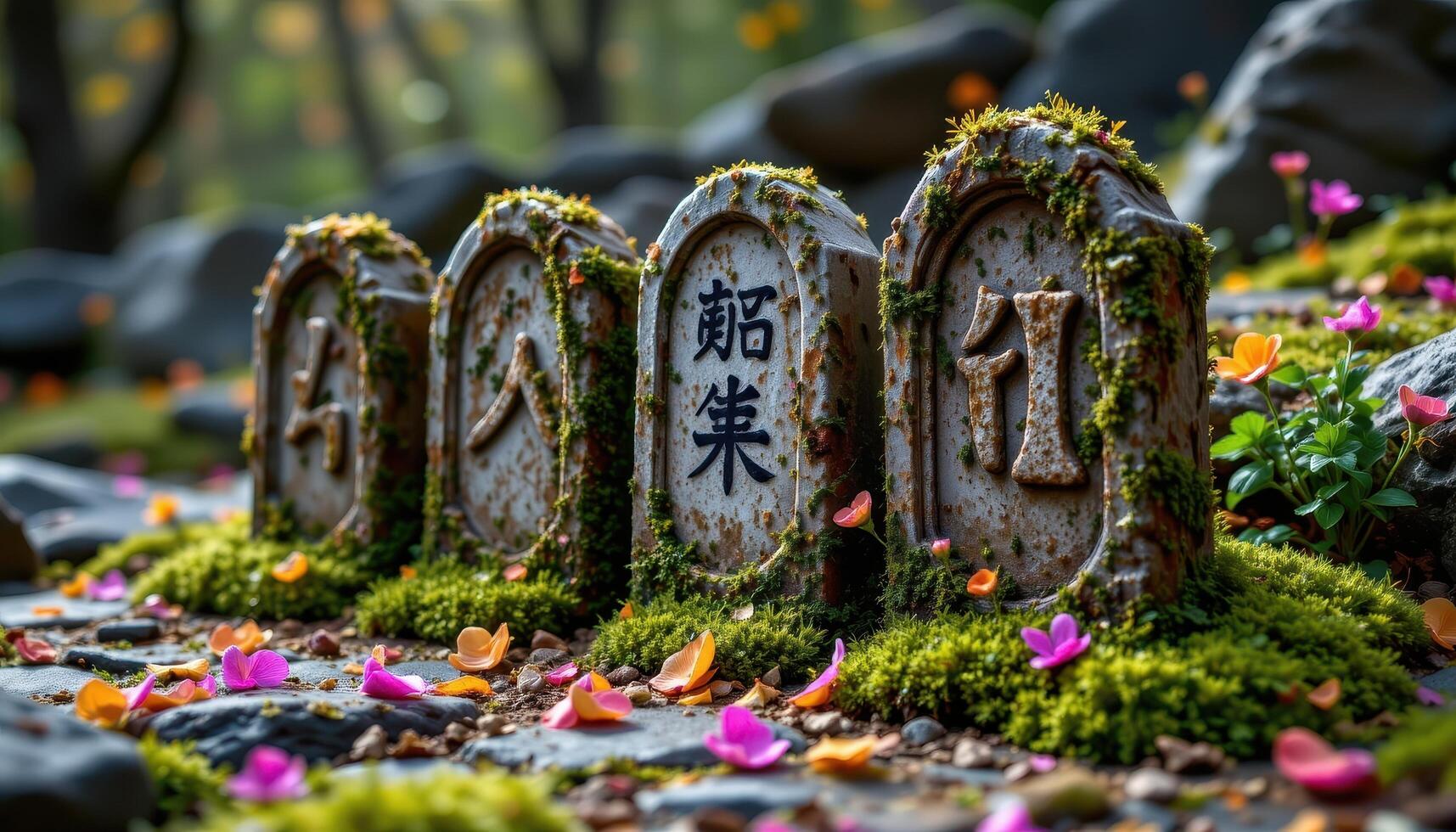 a set of ancient stone runes overgrown with blooming moss and petals photo