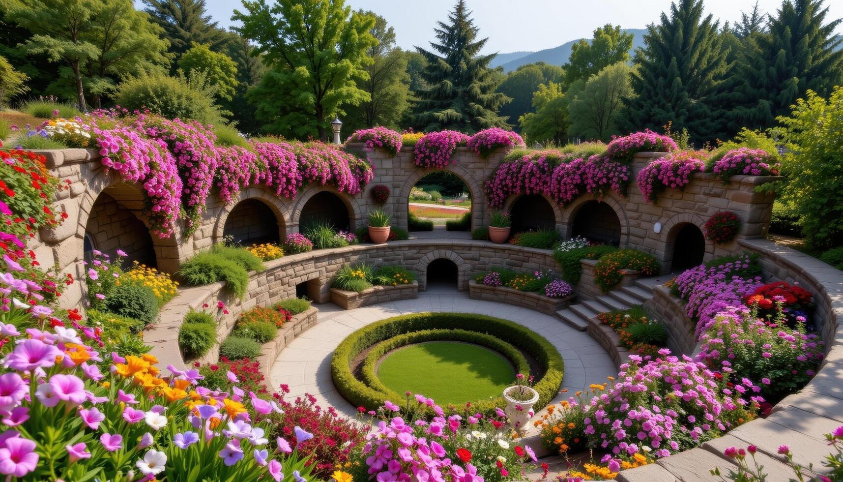 a sunken garden carved into a natural amphitheater and covered in blooms photo