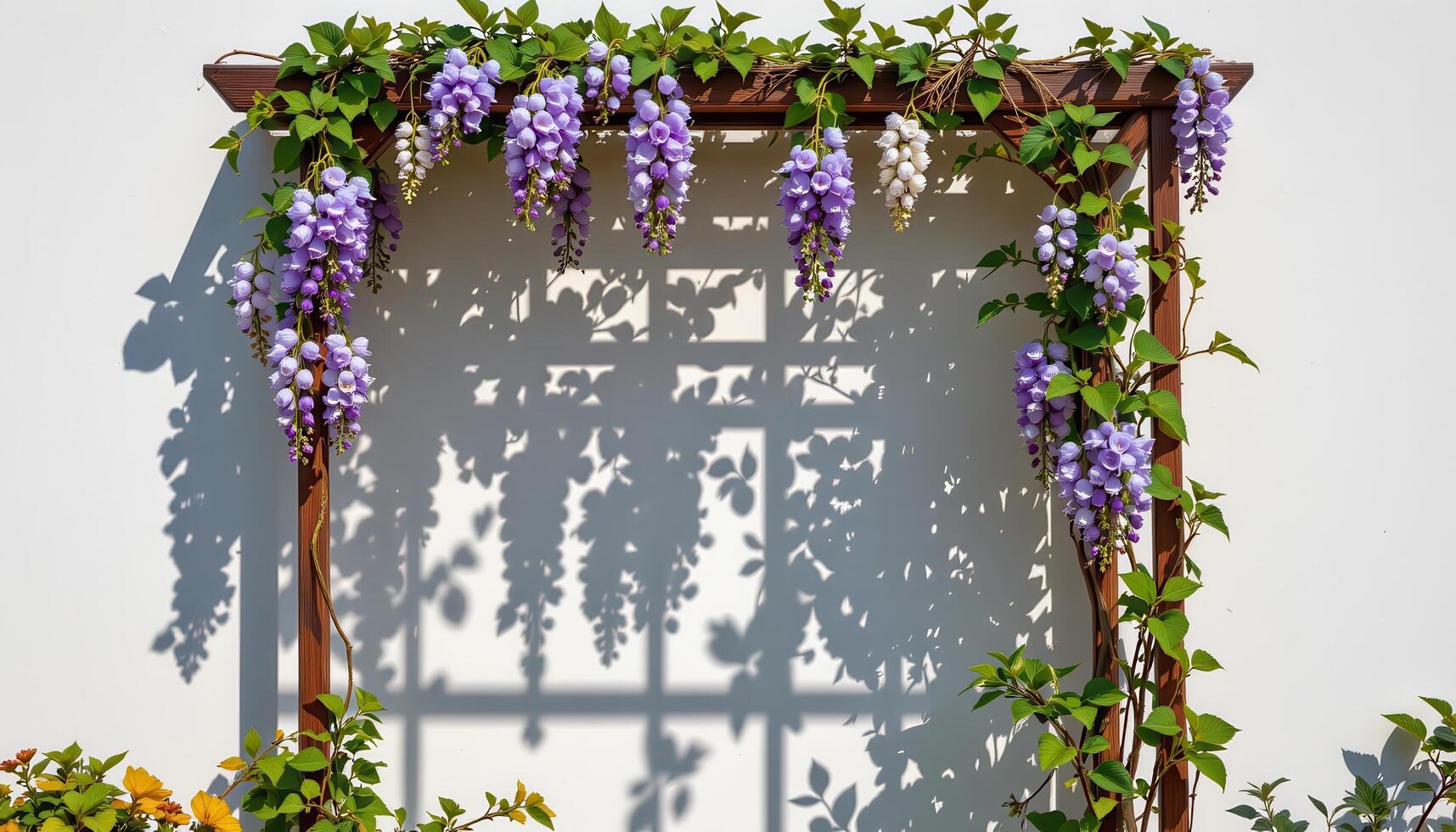 a geometric shadow pattern cast by a trellis covered in wisteria photo
