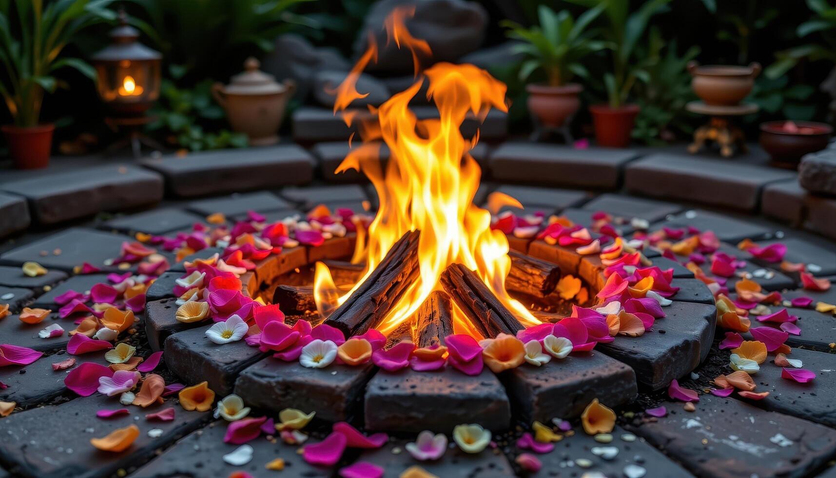a glowing ember firepit rimmed with flower petals in ritual arrangement photo