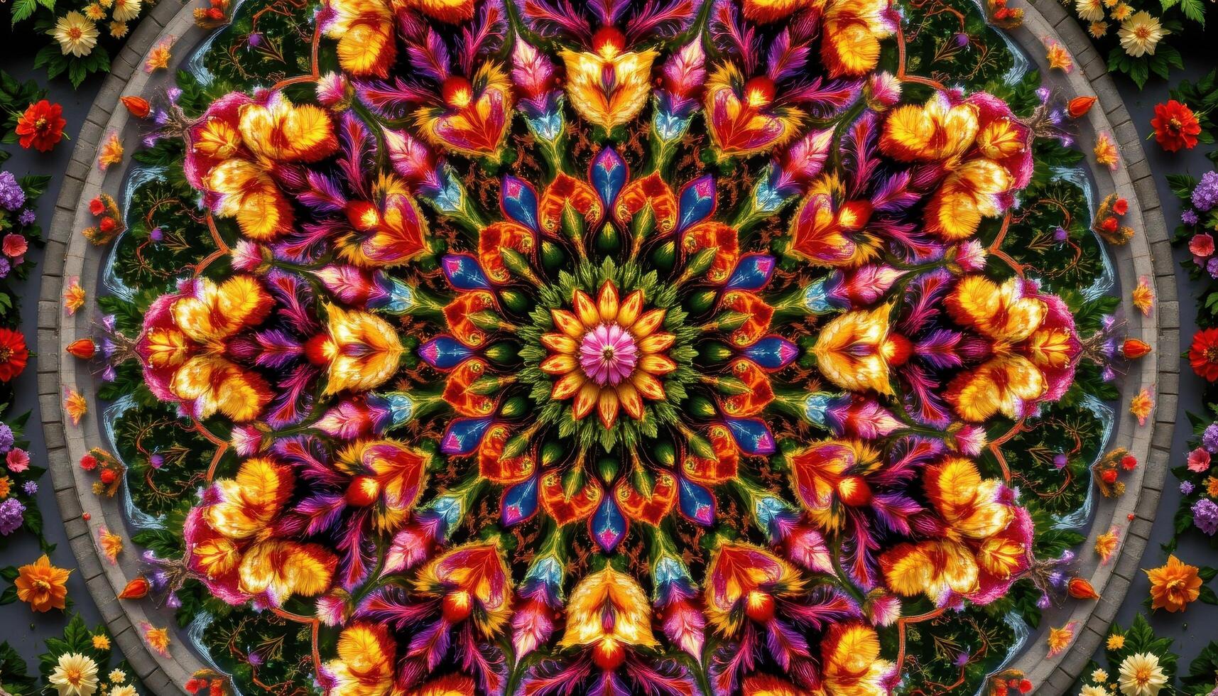 a massive floral mandala visible only from above in a drone's eye view photo