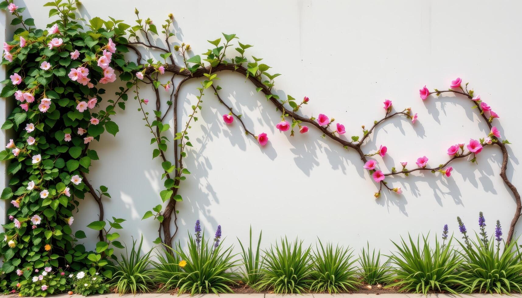 a series of flowering vines tracing calligraphy across an open wall photo