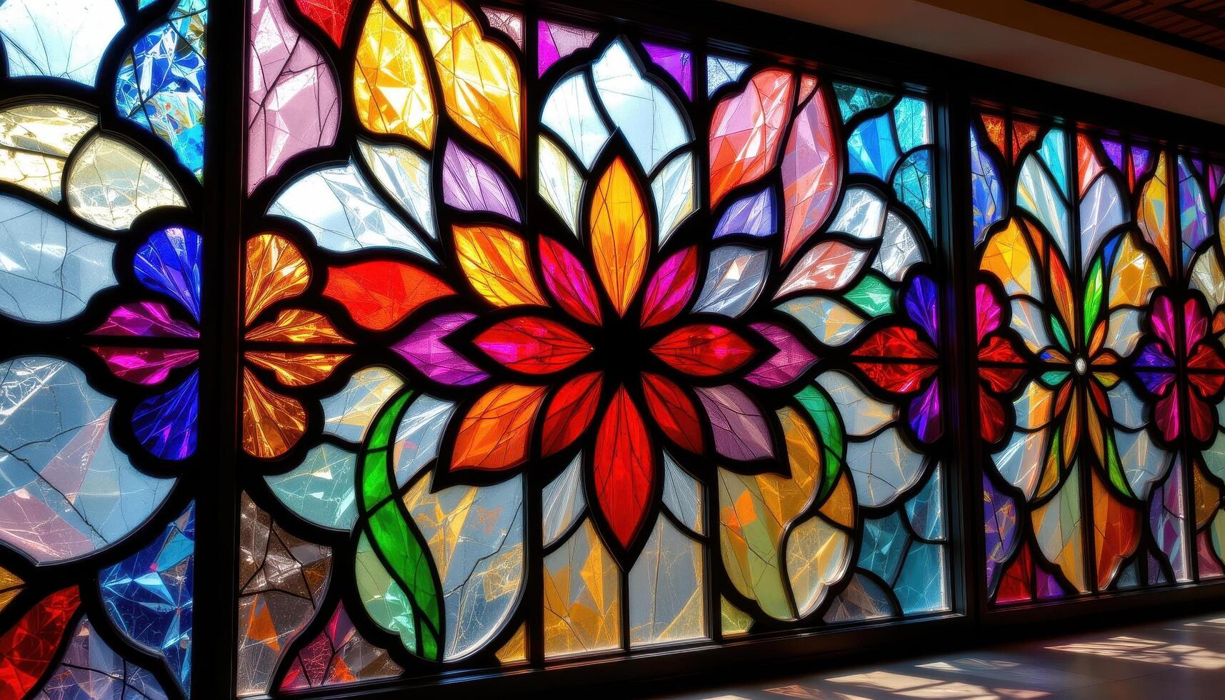 a wall of stained glass windows shaped like overlapping flower petals photo
