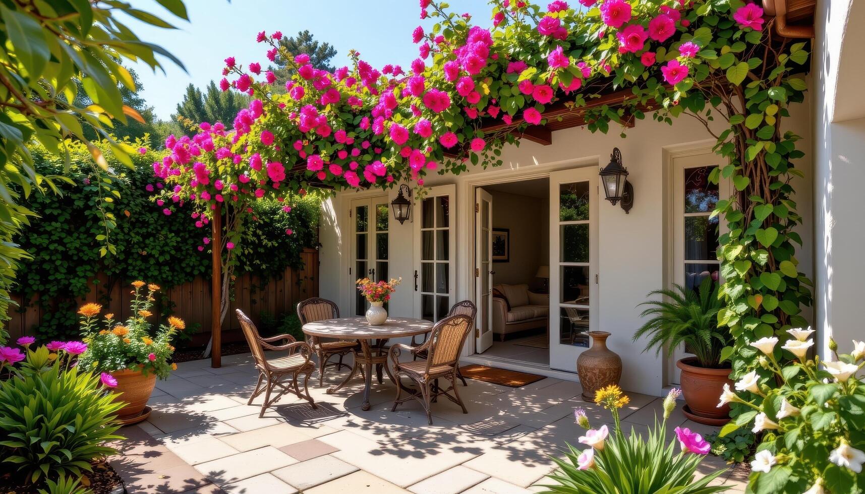 a sundrenched patio where vines bloom over every surface photo