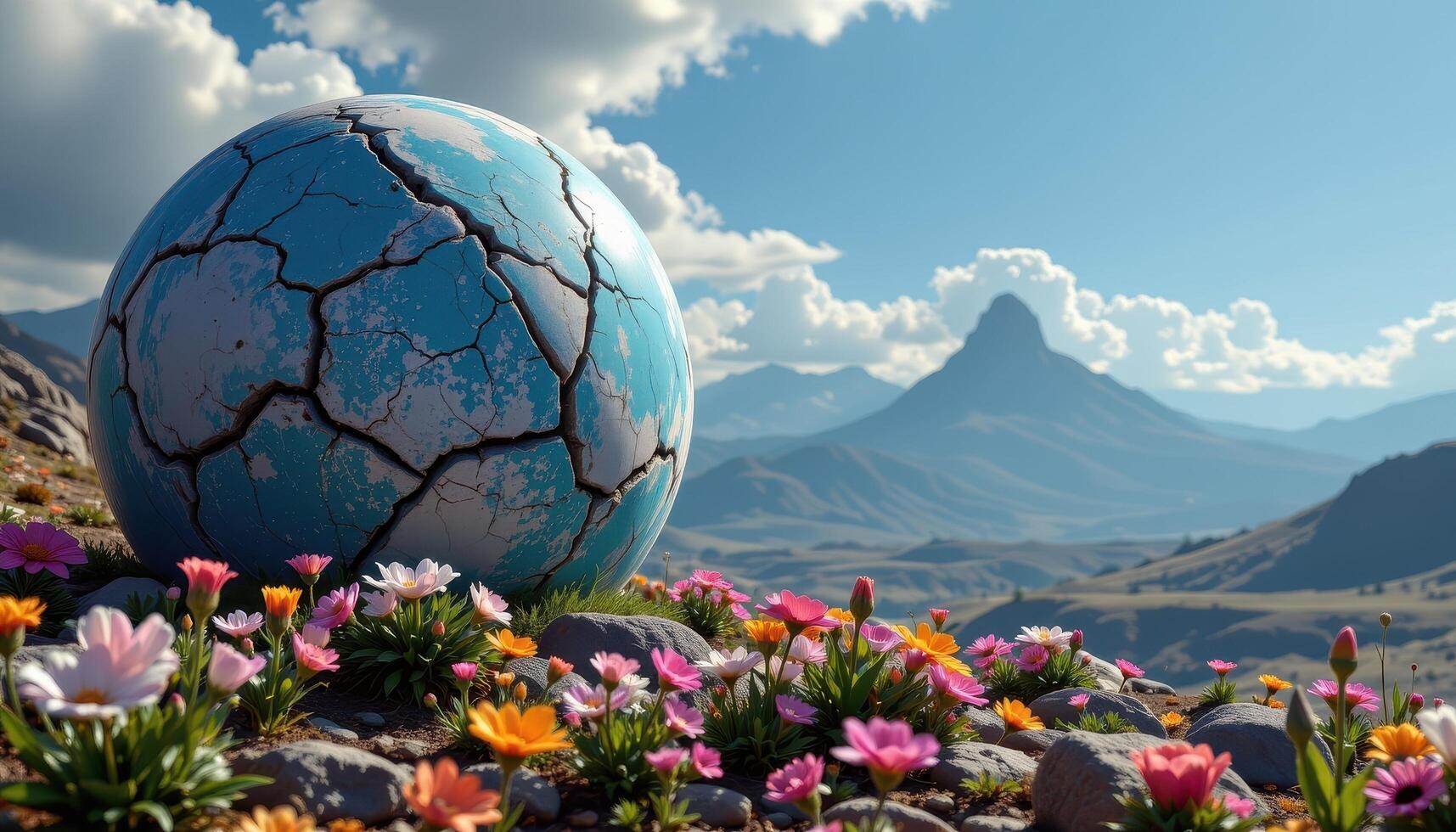 a cracked planet covered in patches of alien flowers photo