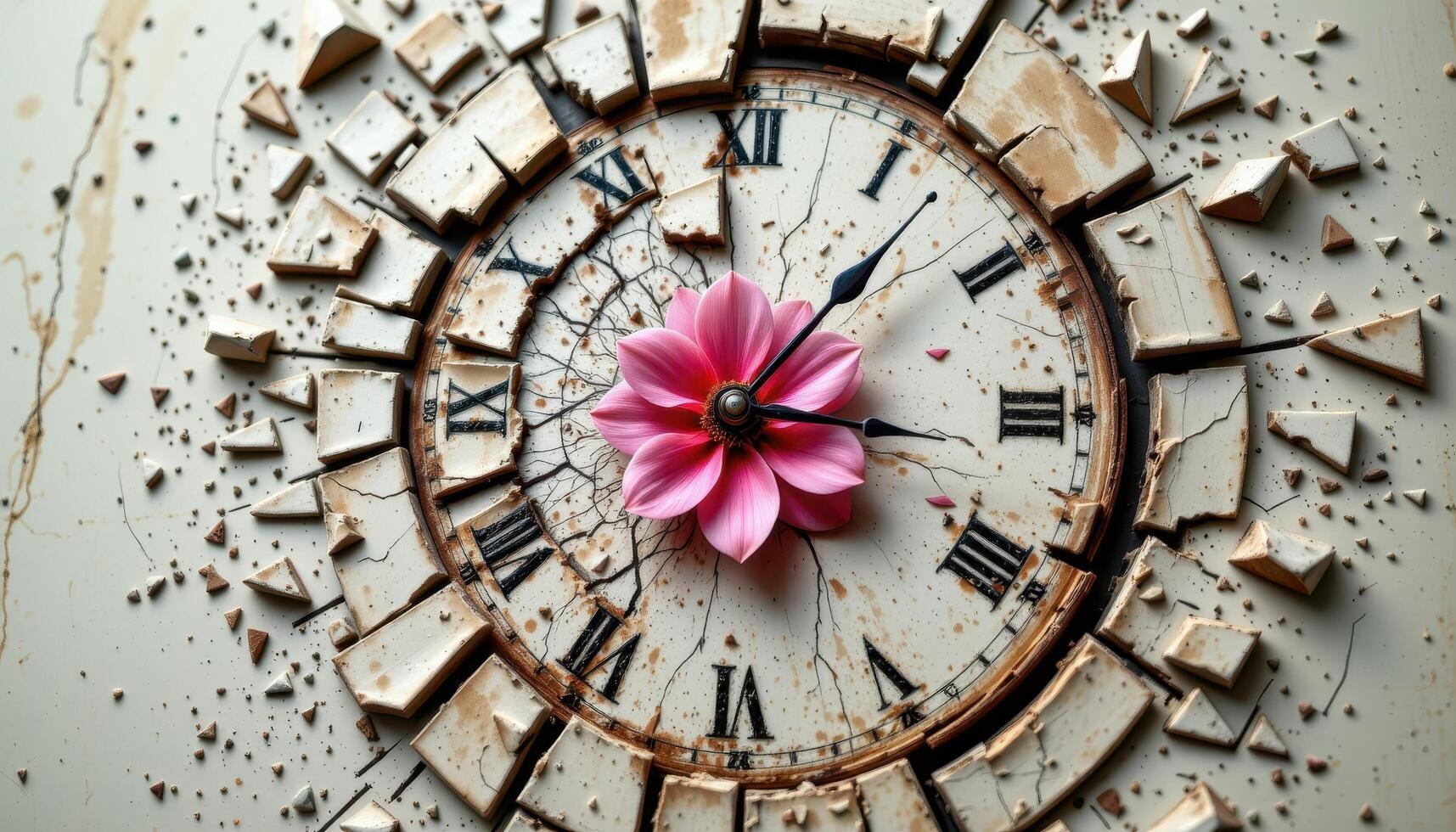 a shattered clock face with time paused at a flower blooming from its center photo