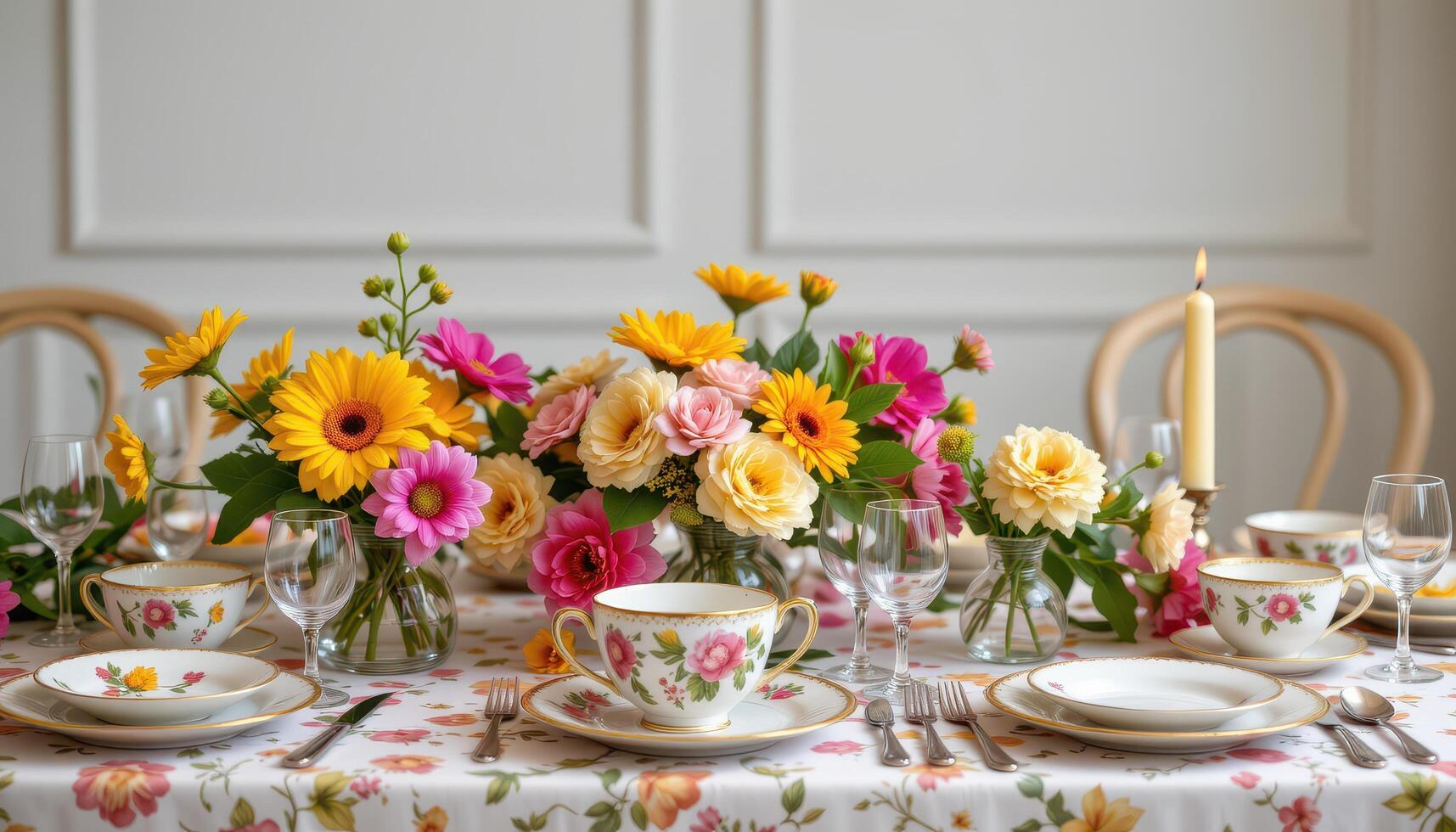 a table set with floral patterned china and matching edible flowers photo