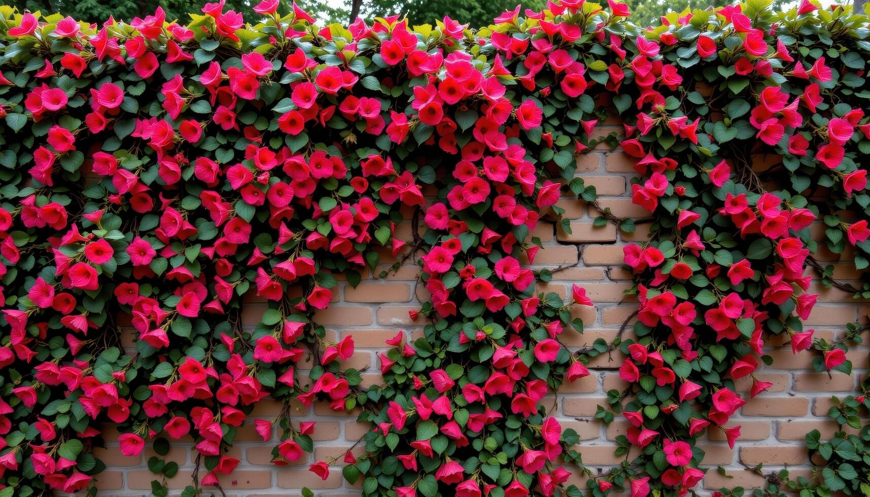 a tower wall wrapped in vines with cascading layers of red blossoms photo
