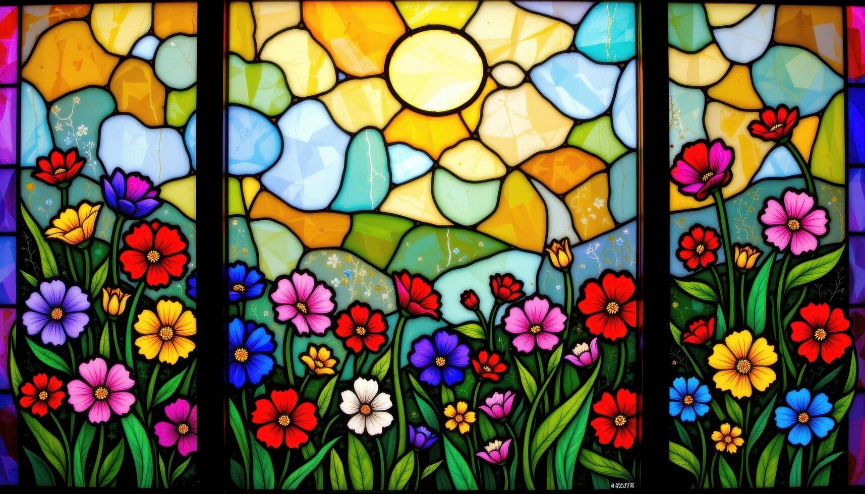 a stained glass window depicting a flower field in vibrant color photo
