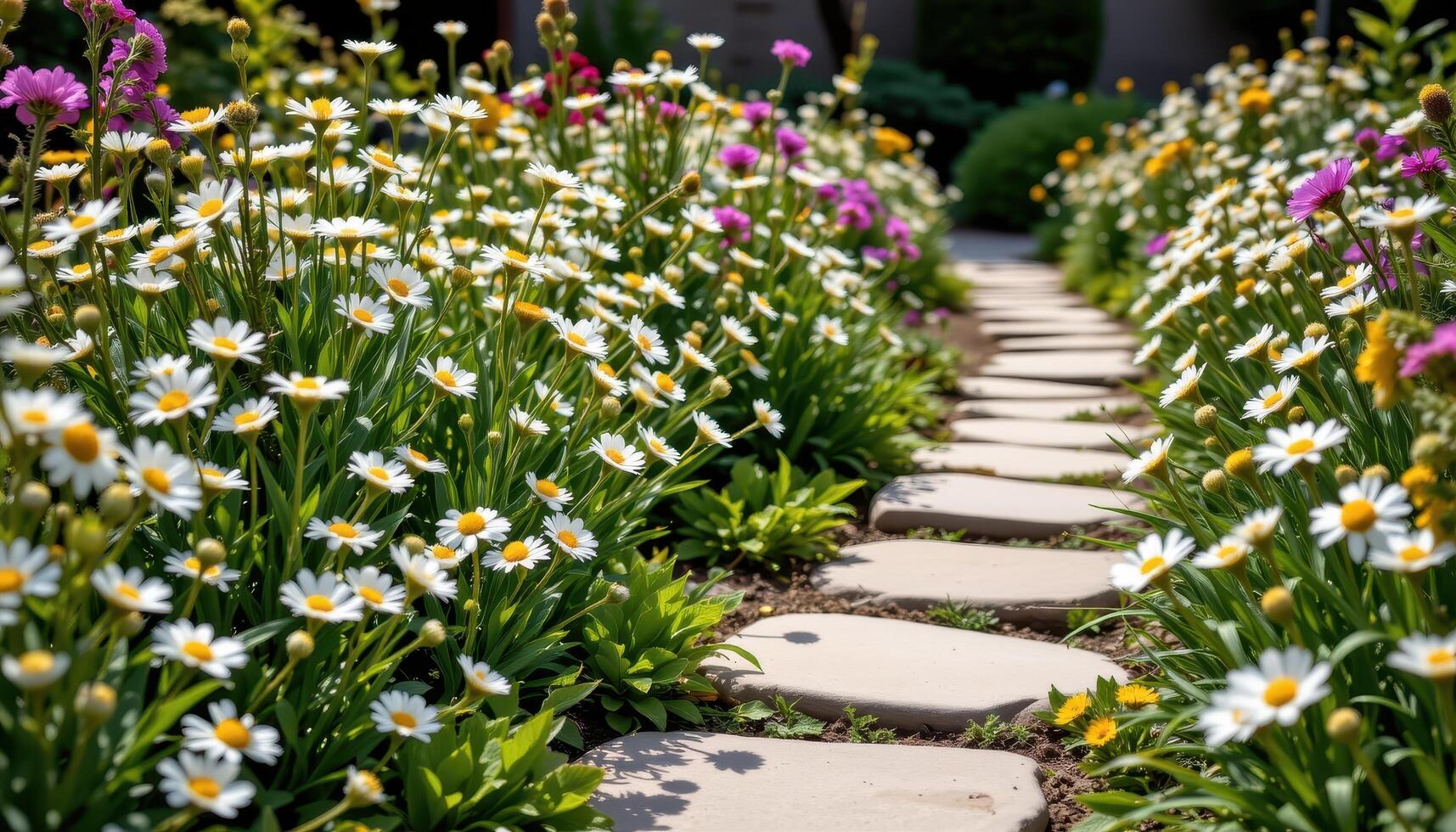a garden path paved with smooth stones and bordered by delicate daisies photo