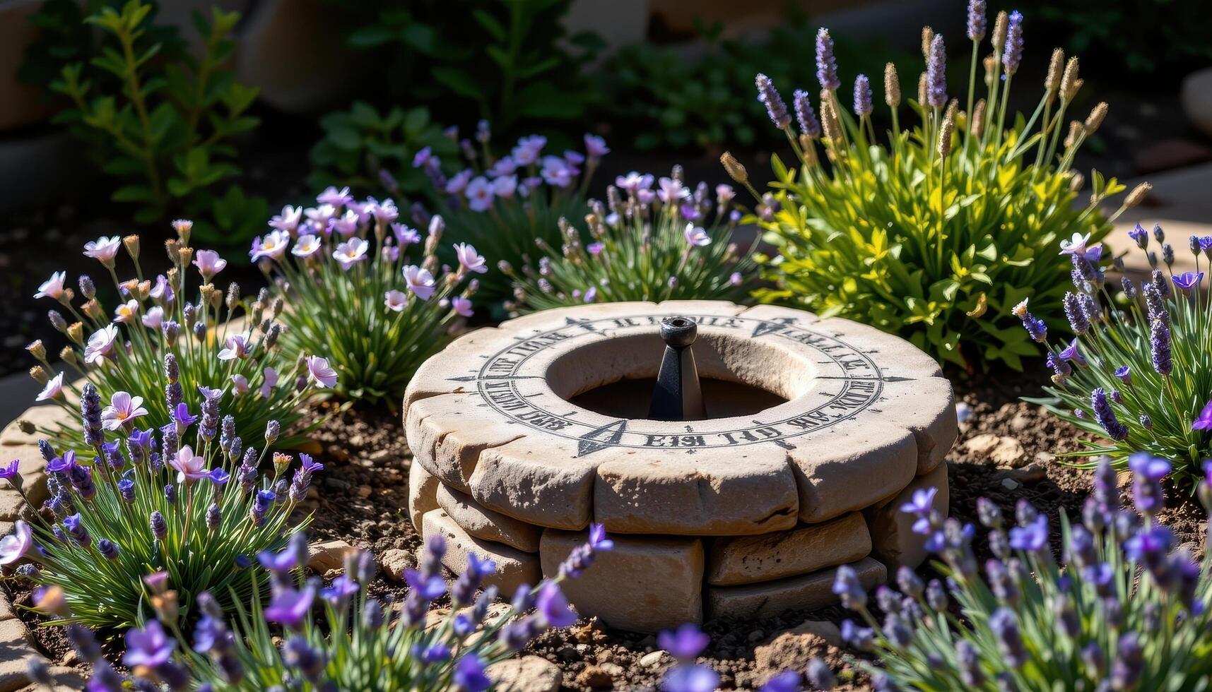 a weathered stone sundial surrounded by beds of lavender and rosemary photo