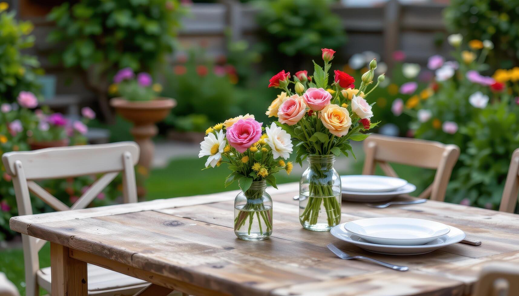 a rustic wooden table set with vases of fresh cut flowers in a garden photo