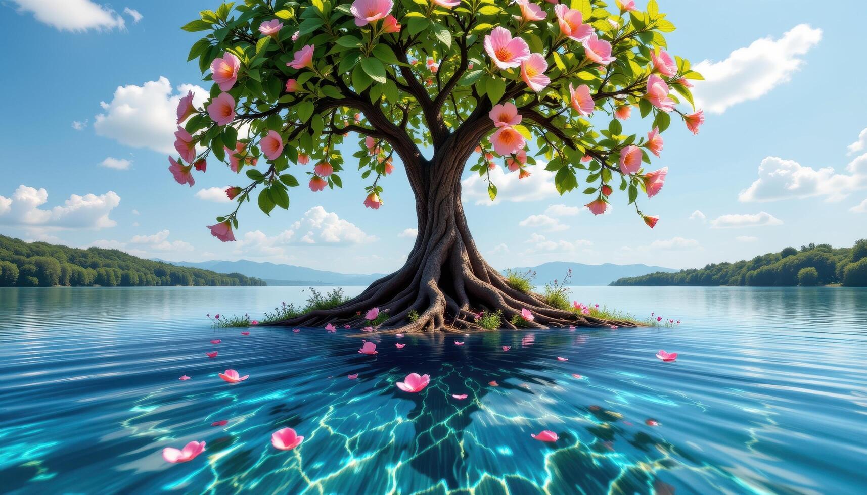 a tree with roots that bloom like flowers, reaching down into a crystal lake photo