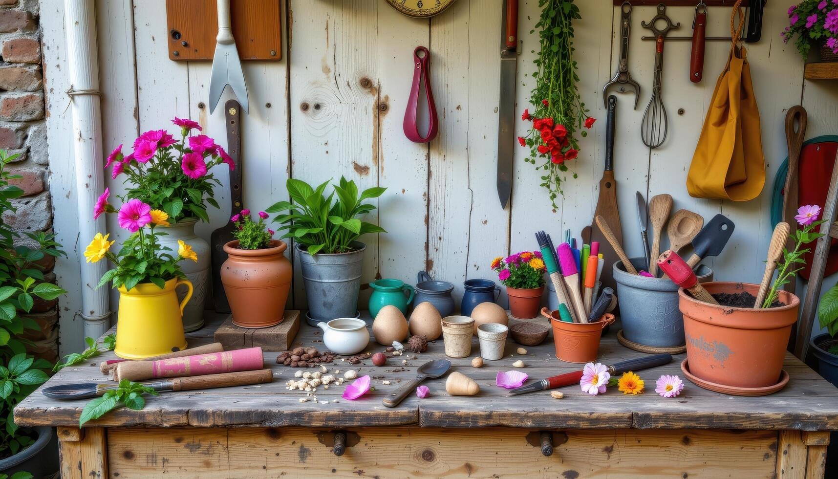 a rustic potting bench cluttered with gardening tools and fresh flower cuttings photo