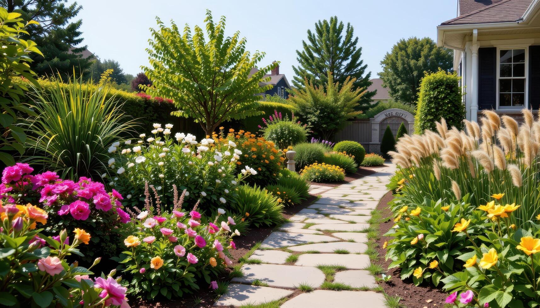 a stone pathway bordered by flowering shrubs and tall ornamental grasses photo