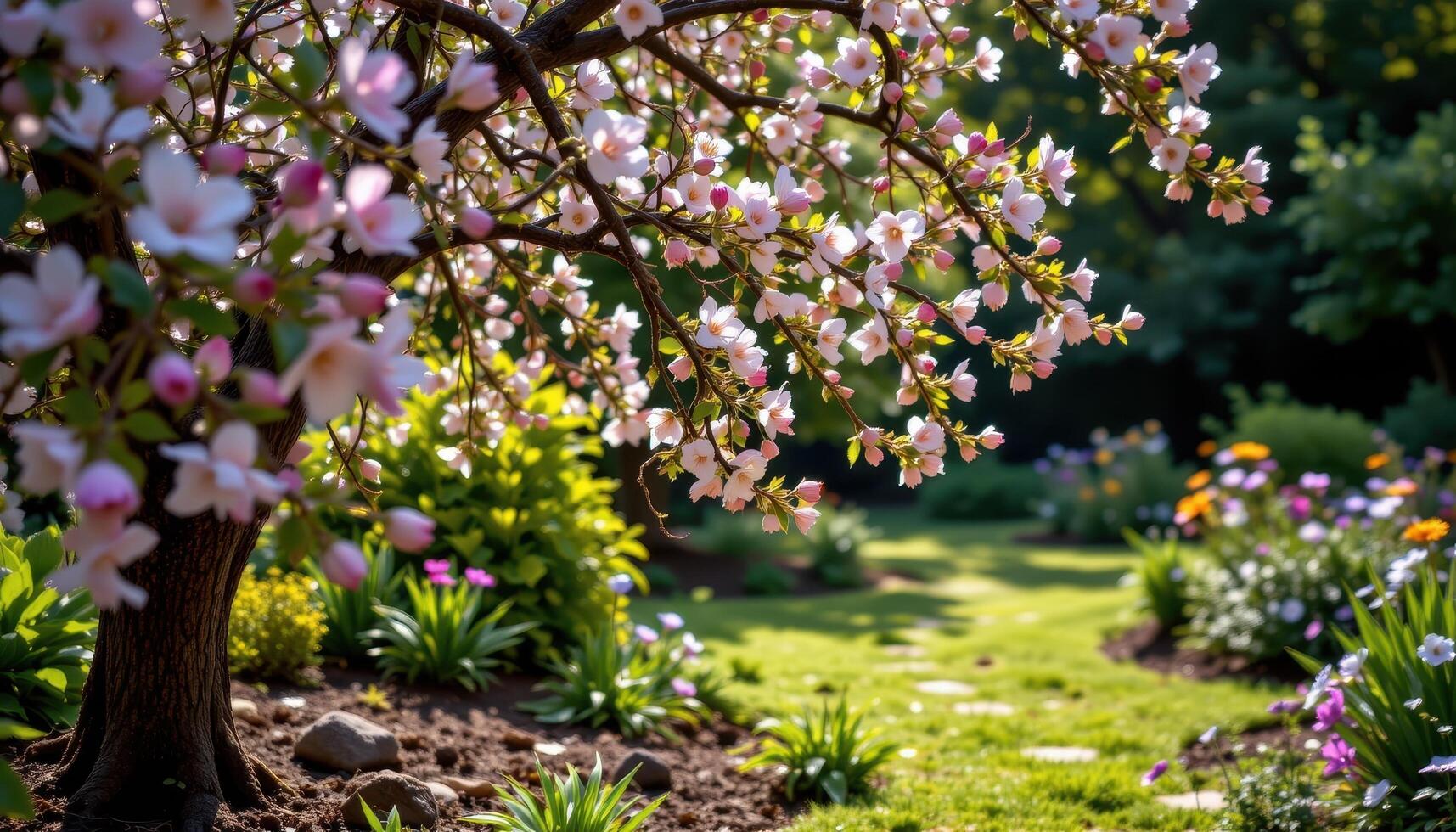 a flowering tree casting dappled shadows on a mossy garden path photo