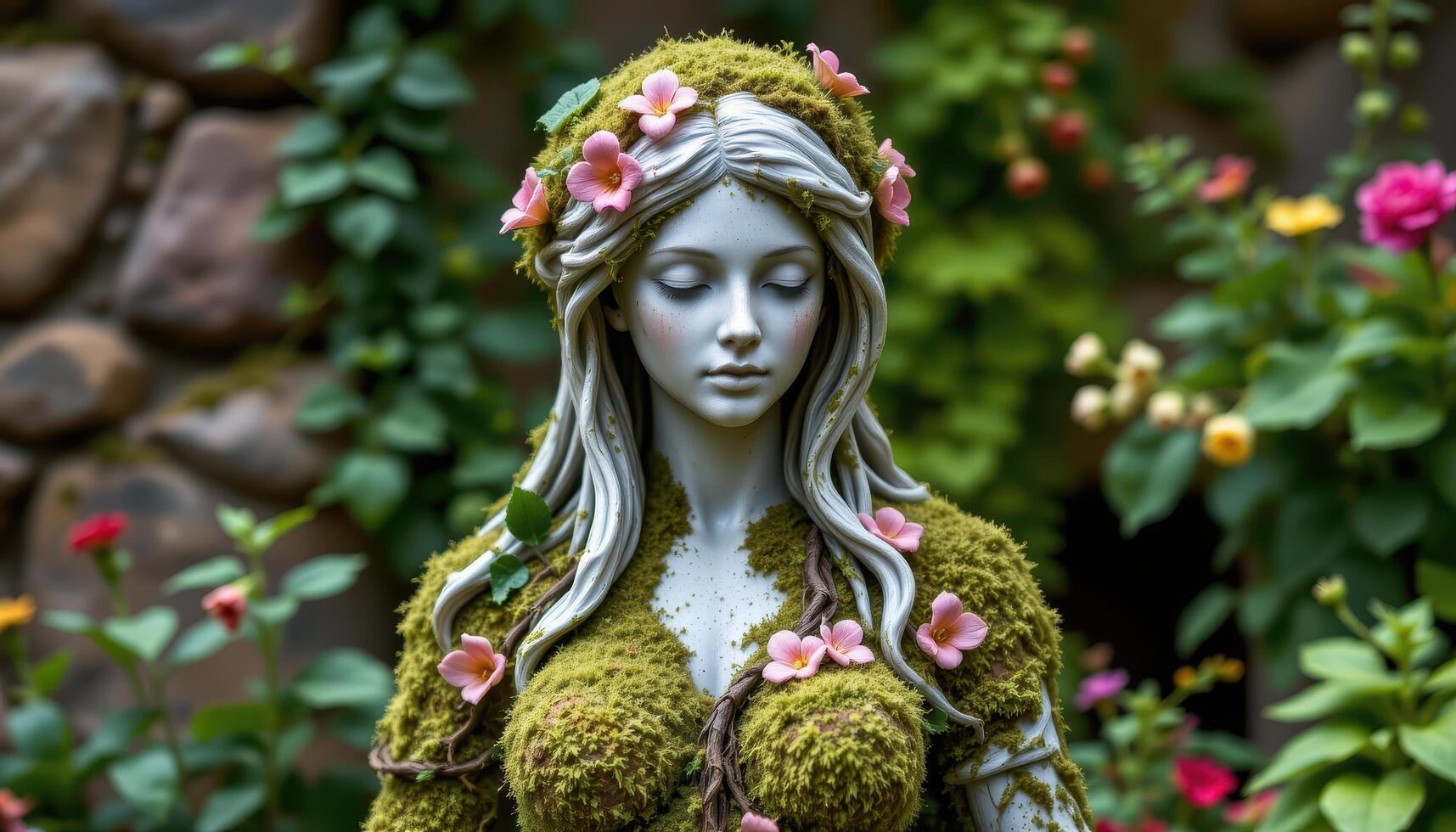 a moss covered statue of a woman with vines and flowers growing over her form photo