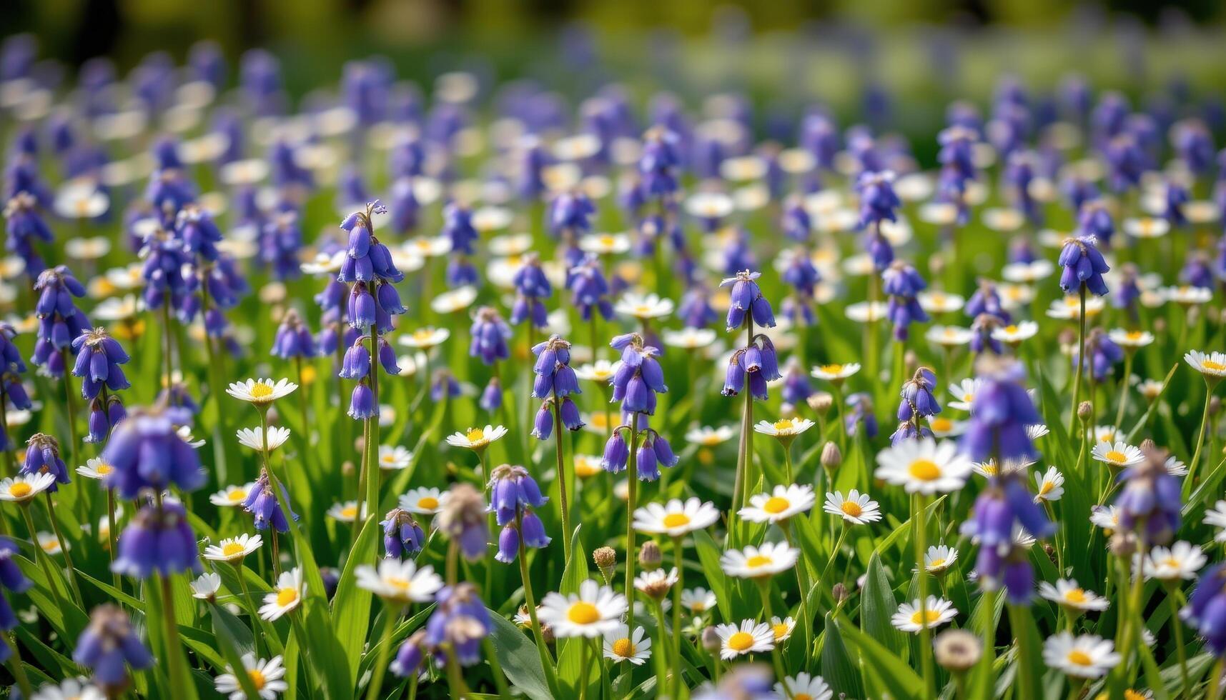 a field of bluebells and daisies waving gently in a soft summer breeze photo