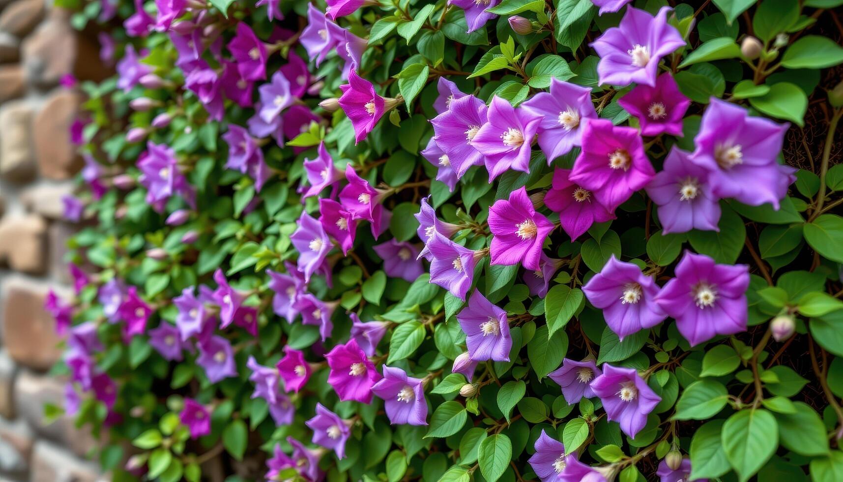 a stone wall covered in flowering clematis and bright green leaves photo
