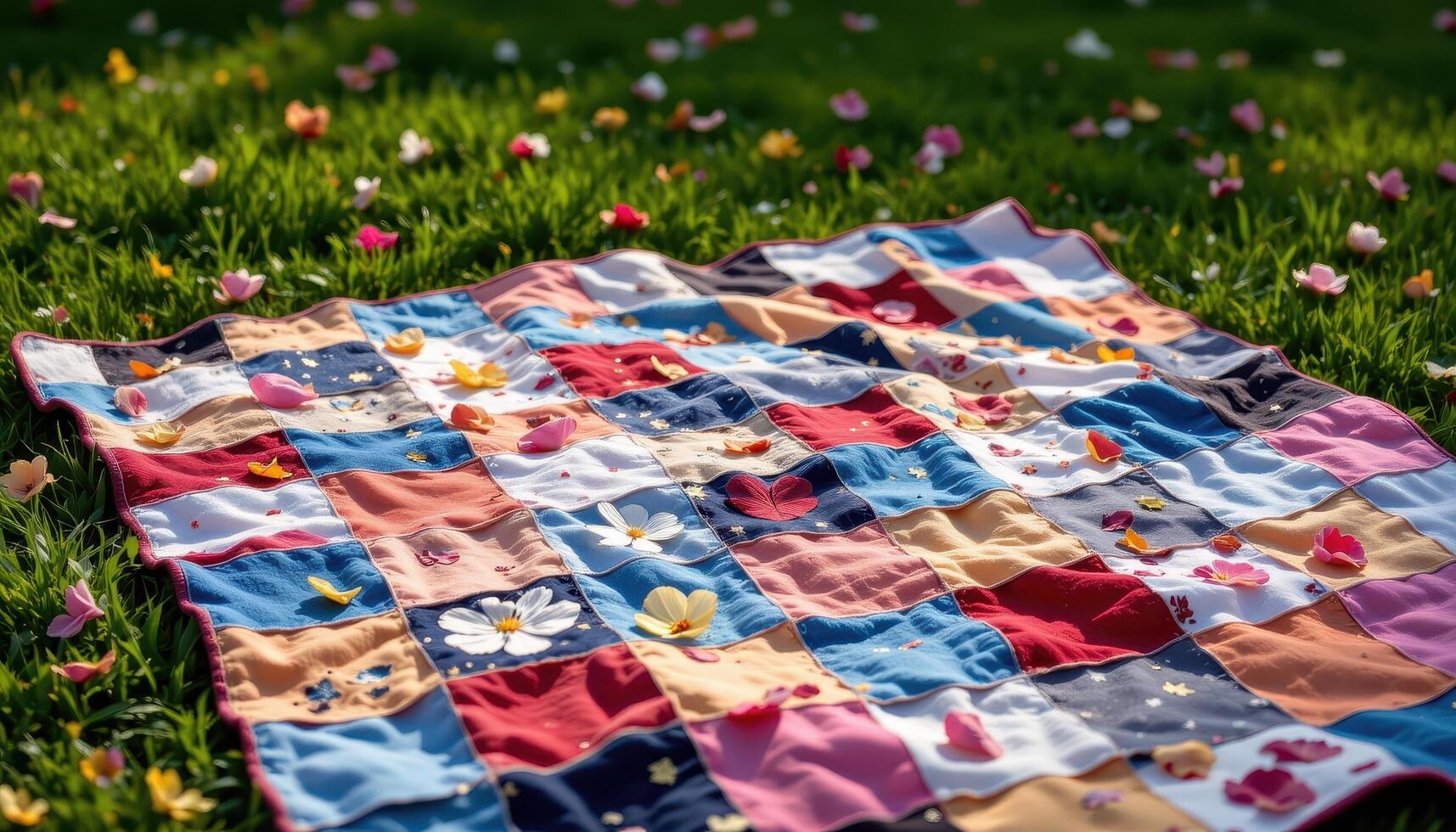 a patchwork quilt spread out on the grass with scattered flower petals photo