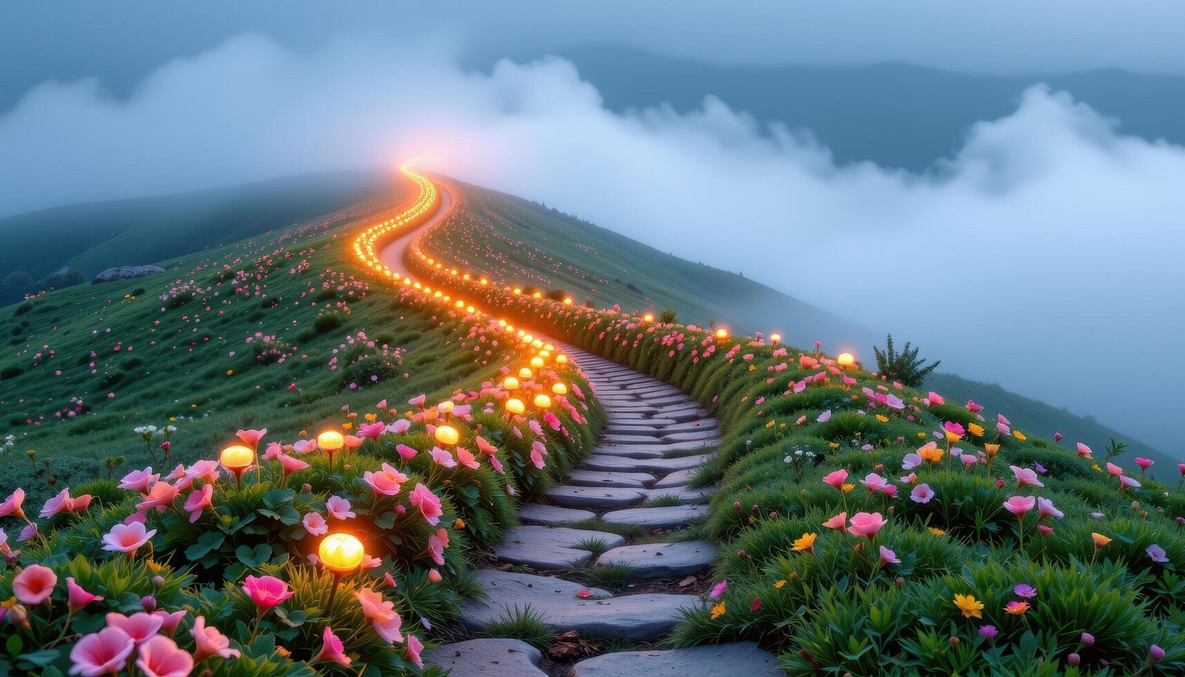 a spiral path lined with glowing flowers leading up a fog covered hill photo