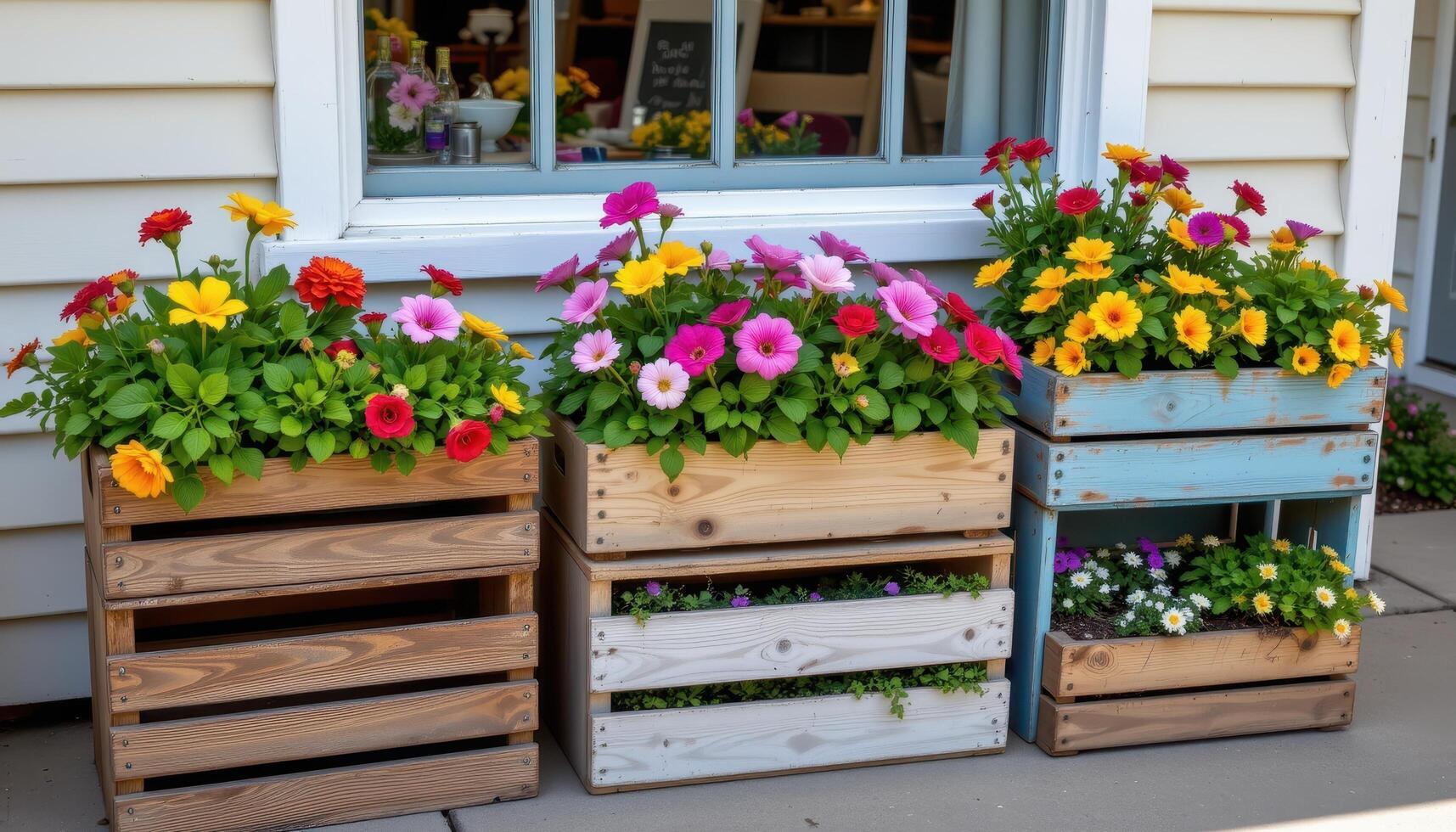 a series of old wooden crates repurposed as planters for a riot of flowers photo