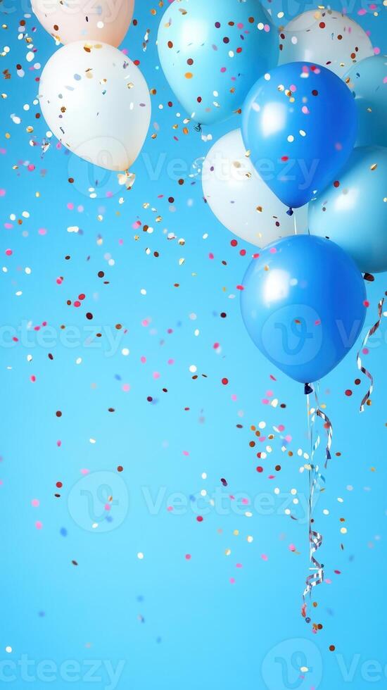 Colorful balloons scattered blue, white, and light blue shades in on a light blue background with confetti. Ideal for celebrations and festive occasions. photo