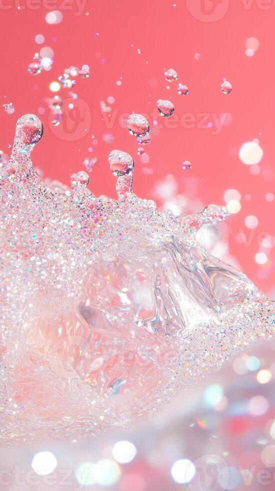 pink droplets splash against a Water background. The scene captures the dynamic movement of water, creating a refreshing and vibrant atmosphere photo