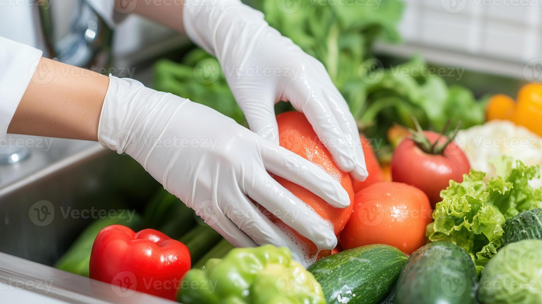 Hands wearing white gloves handling fresh vegetables in a sink. The scene includes tomatoes, cucumbers, lettuce, and bell peppers, emphasizing healthy food preparation photo