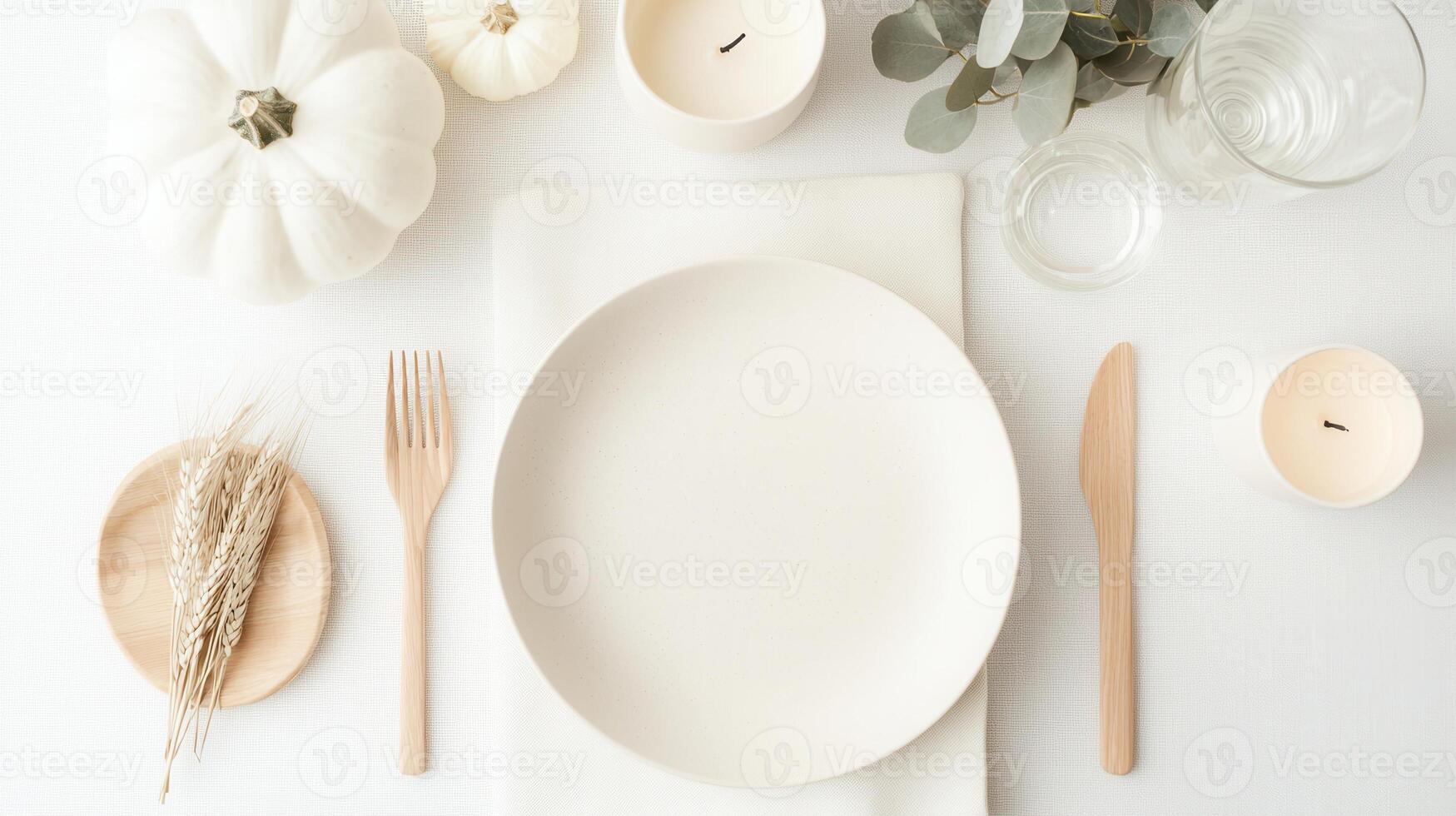Thanksgiving table setting decorated with white pumpkins, wheat, candles and eucalyptus leaves a on white background seen from above photo
