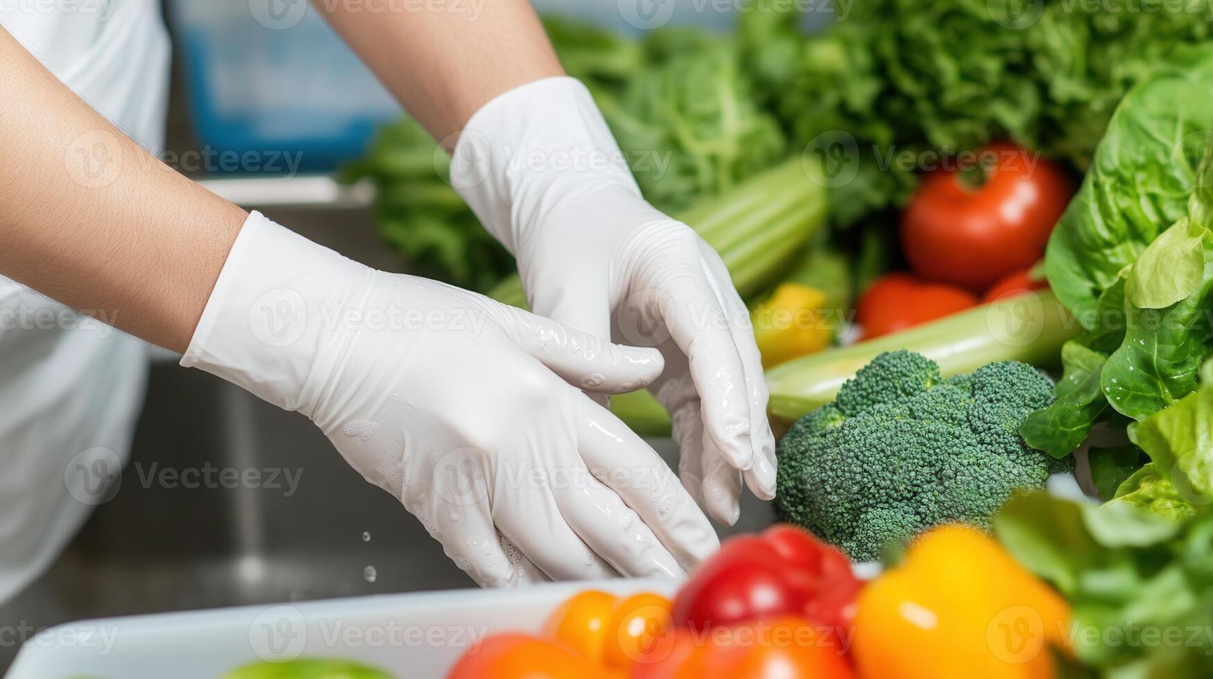 Hands wearing white gloves handling fresh and in a sink. The vegetables includes tomatoes, cucumbers, lettuce, scene bell peppers, emphasizing healthy food preparation. photo