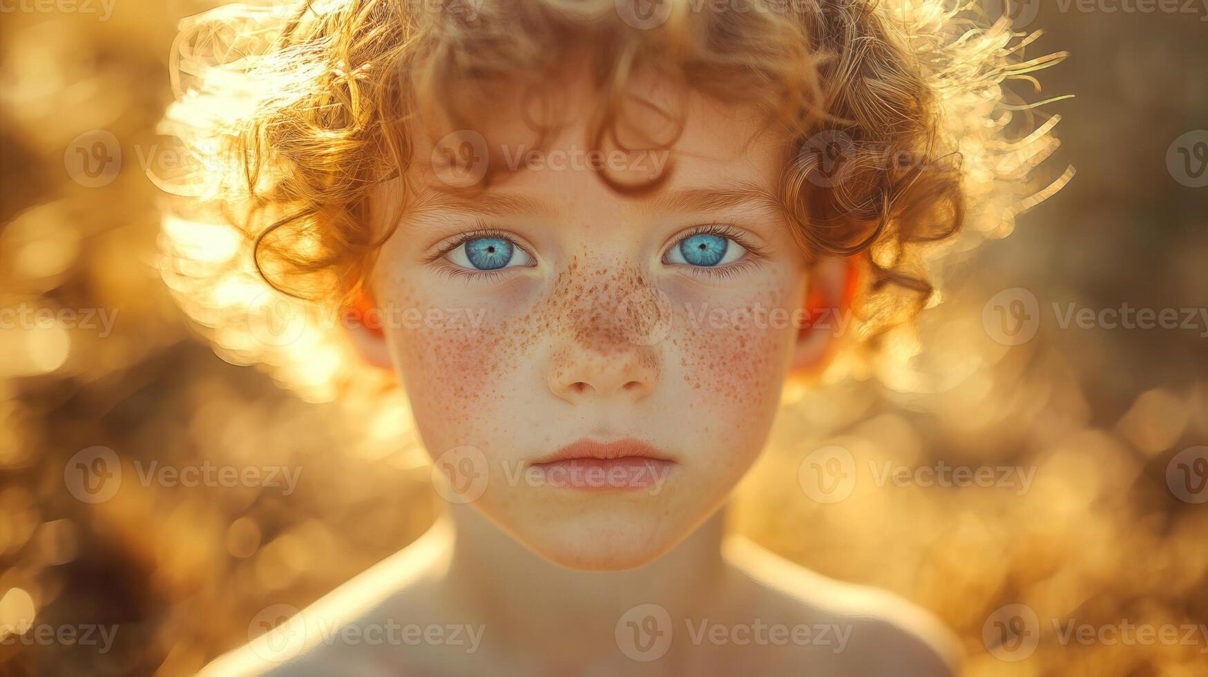 young Caucasian boy with curly blond hair and blue eyes stands in a a field. His face is adorned with freckles, creating sunlit charming and innocent appearance photo