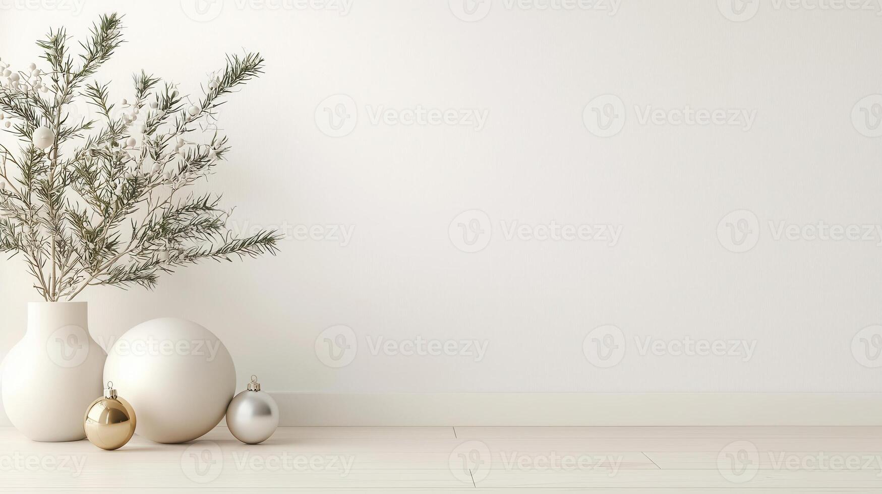 Elegant minimalist a decor featuring small christmas tree in a white vase with gold and silver ornaments on a light wooden floor photo