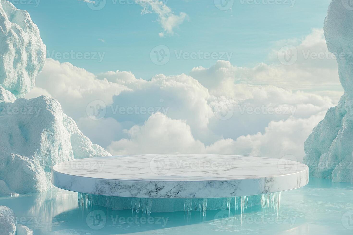 A white marble table in the middle of a frozen lake photo
