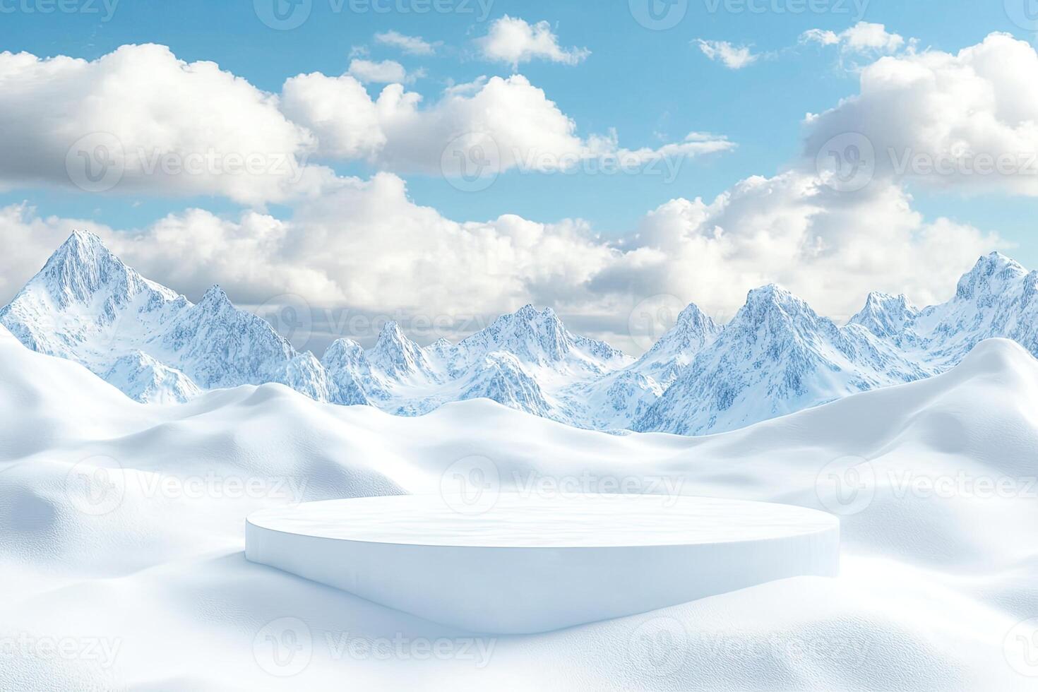 A white platform in the middle of a snowy field photo