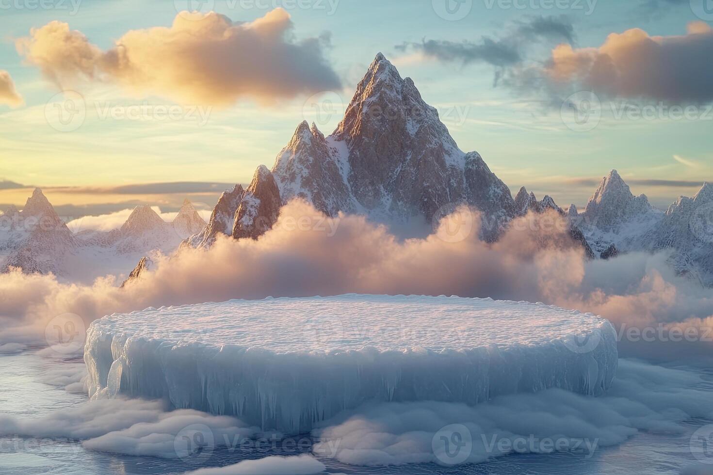 Ice floating in the middle of a lake with mountains in the background photo