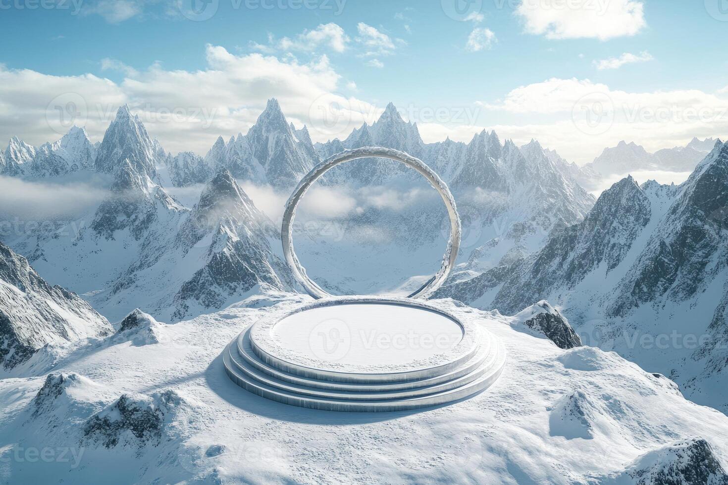 A white circular platform on top of a mountain with snow photo