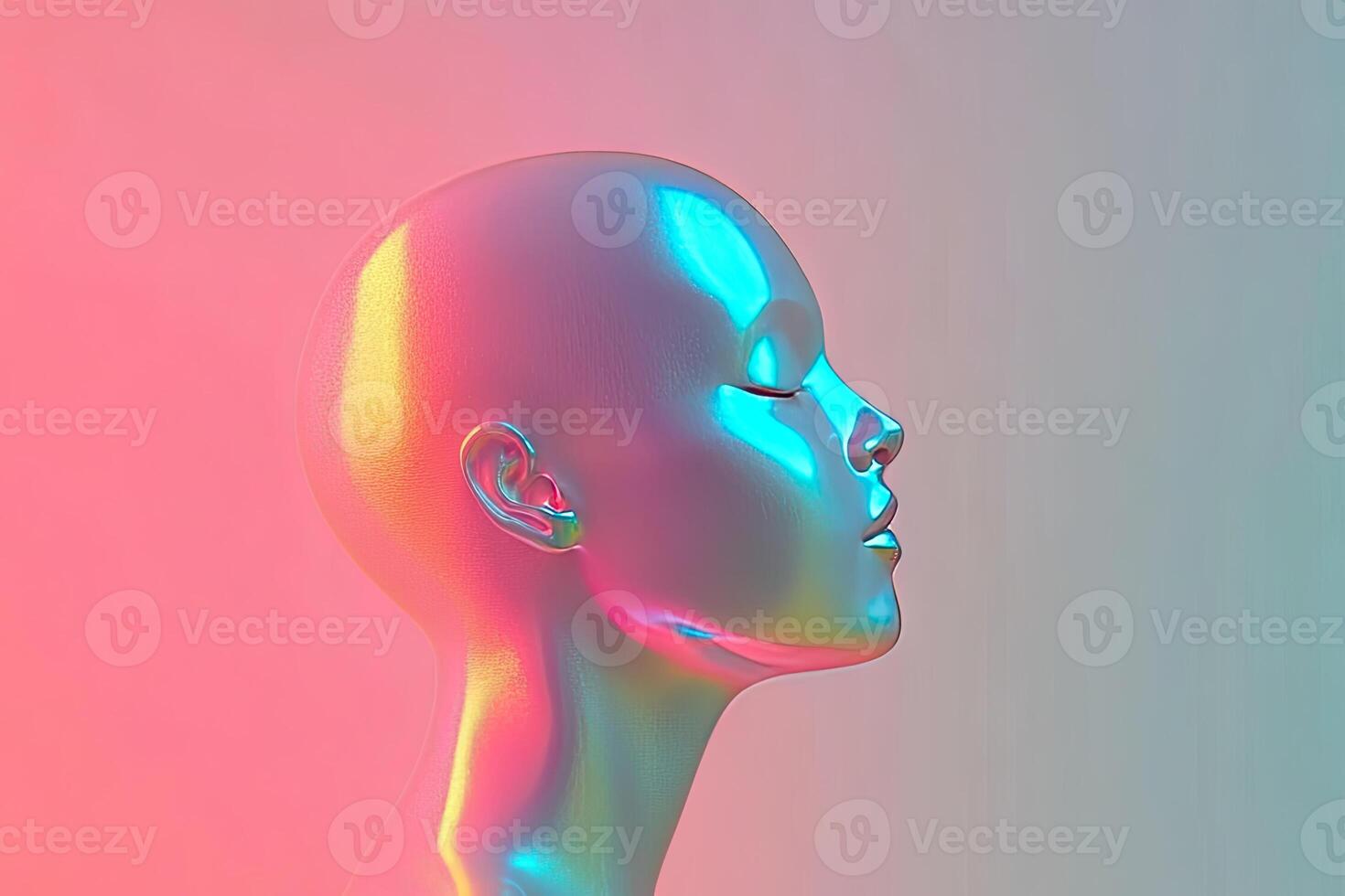 A mannequin head with a pink and blue background photo