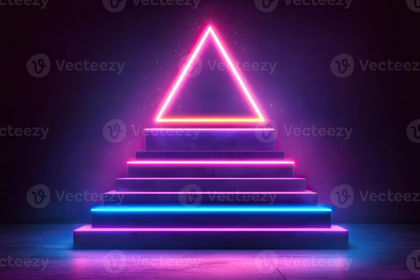Neon triangle on stairs with neon lights photo