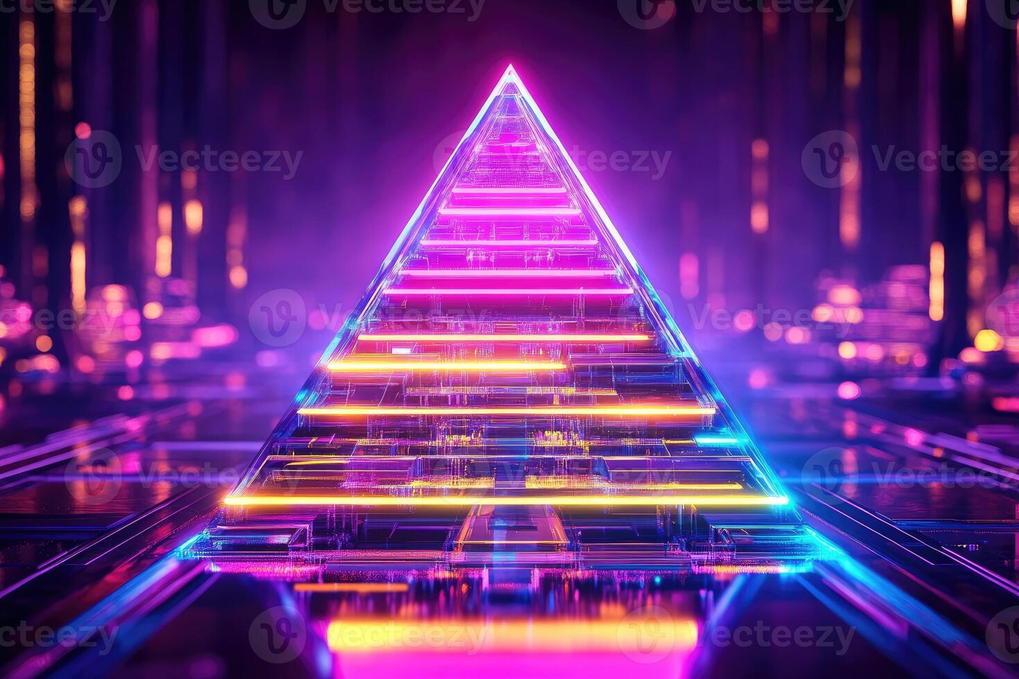 A pyramid with neon lights on it photo