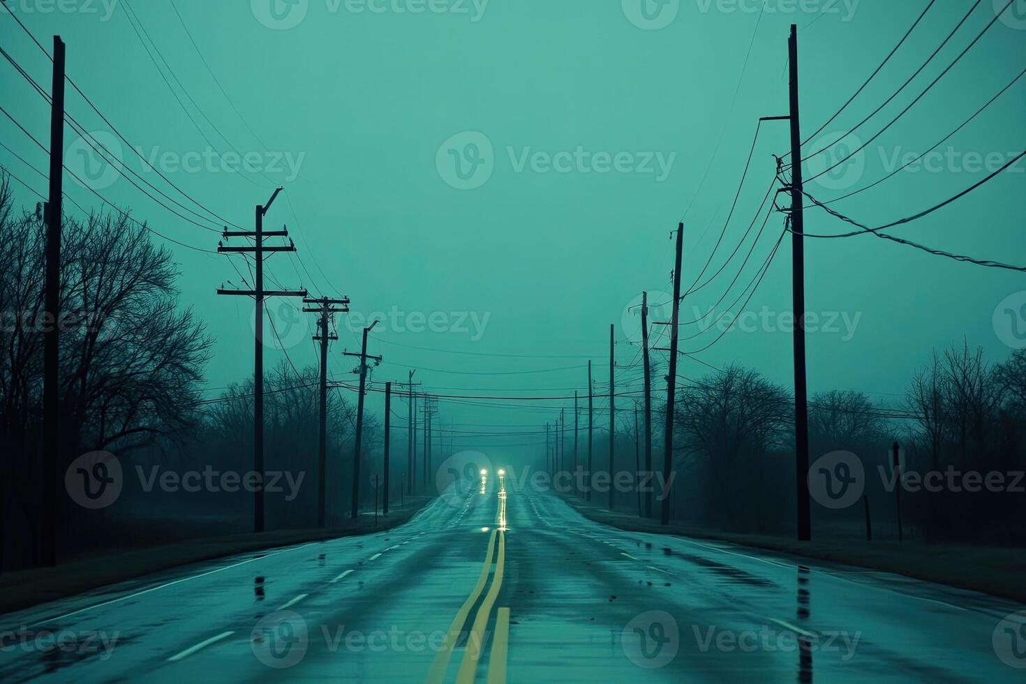 A wet road with power lines and telephone poles photo