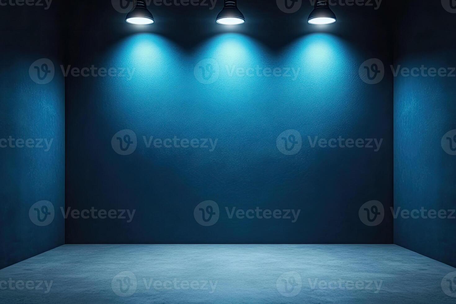 Three lights in a dark room with blue walls photo