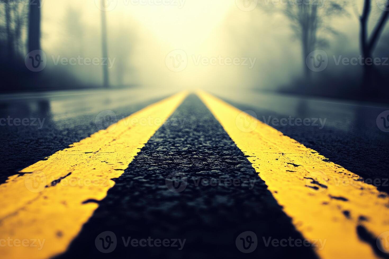A road with yellow lines on it in the fog photo